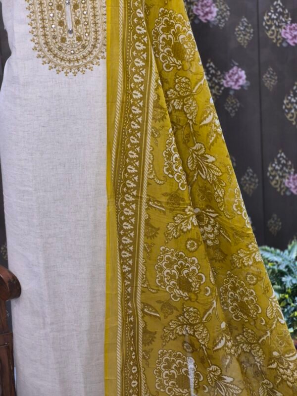 elegant mustard cotton suit set with soft muslin dupatta