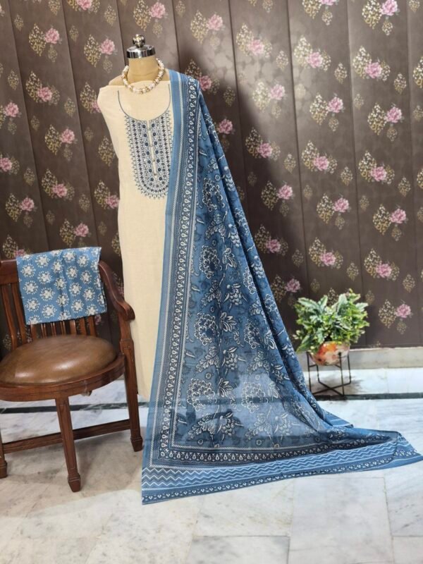 blue cotton suit set with soft muslin dupatta & bottom | embroidered kurta set for women blue cotton suit set with soft muslin dupatta & bottom | embroidered kurta set for women