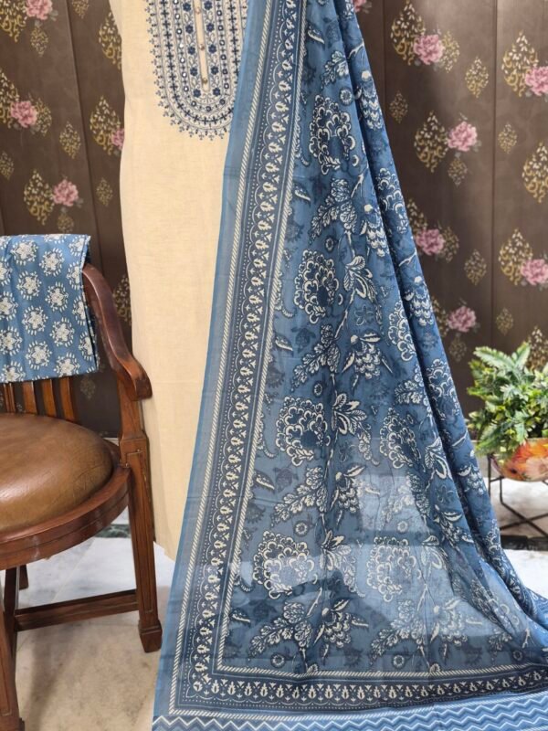 blue cotton suit set with soft muslin dupatta & bottom | embroidered kurta set for women blue cotton suit set with soft muslin dupatta & bottom | embroidered kurta set for women