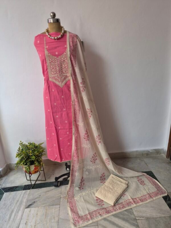 pink pure cotton chikankari suit set with embroidered neck & dupatta