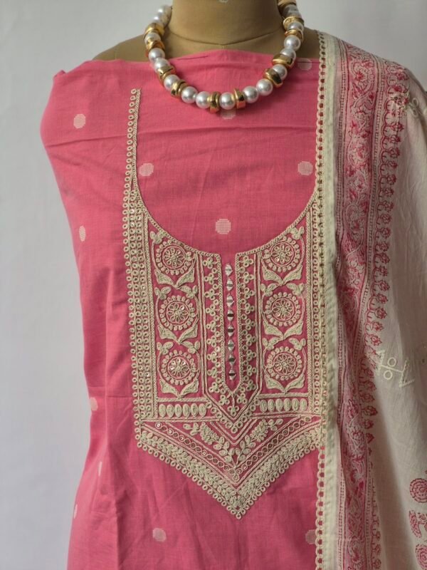 pink pure cotton chikankari suit set with embroidered neck & dupatta