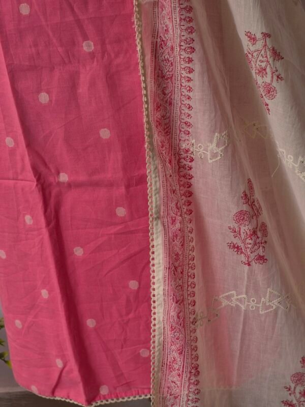 pink pure cotton chikankari suit set with embroidered neck & dupatta
