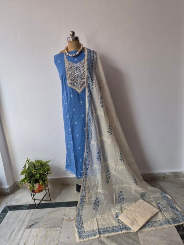 pure cotton chikankari suit set with embroidered neck & chikankari dupatta