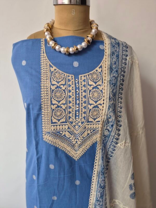 pure cotton chikankari suit set with embroidered neck & chikankari dupatta