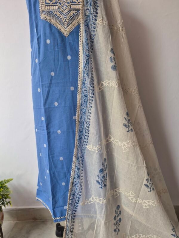pure cotton chikankari suit set with embroidered neck & chikankari dupatta