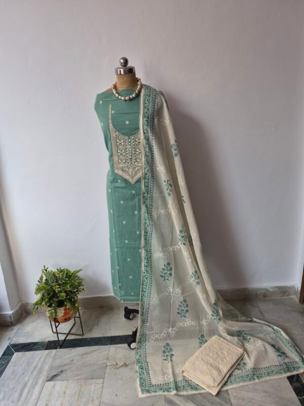 mint green pure cotton chikankari suit set with embroidered neck & dupatta