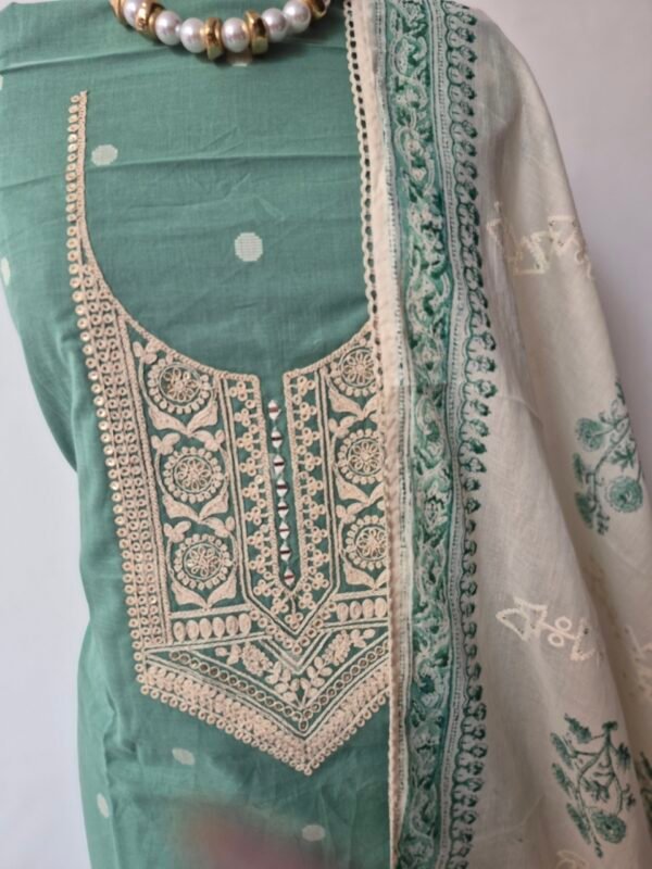 mint green pure cotton chikankari suit set with embroidered neck & dupatta