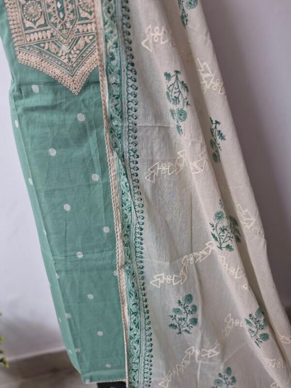 mint green pure cotton chikankari suit set with embroidered neck & dupatta