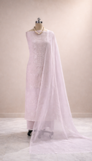 pastel organza suit set with lakhnawi embroidery & pearl work | elegant ethnic wear