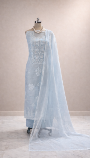 pastel organza suit set with lakhnawi embroidery & pearl work | elegant ethnic wear