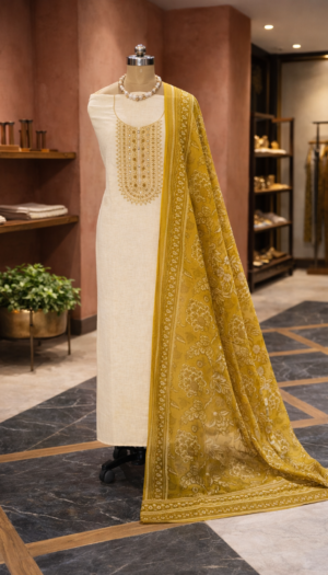 elegant cotton suit set with soft muslin dupatta & bottom | embroidered cotton kurta set for women