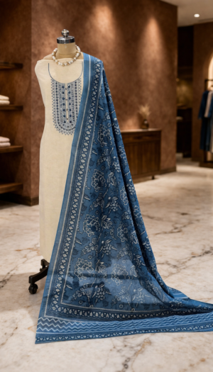 elegant cotton suit set with soft muslin dupatta & bottom | embroidered cotton kurta set for women