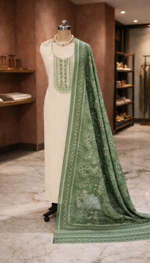 elegant cotton suit set with soft muslin dupatta & bottom | embroidered cotton kurta set for women