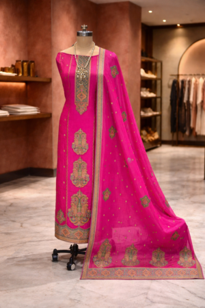 premium pink tussar silk suit set with self weaving dupatta & shantoon bottom