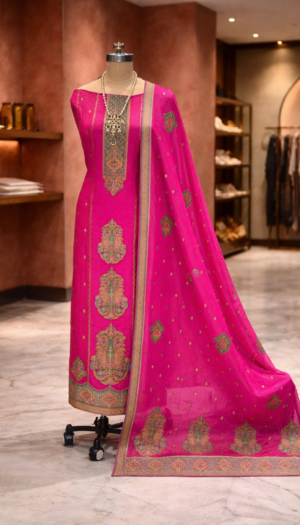 premium pink tussar silk suit set with self weaving dupatta & shantoon bottom
