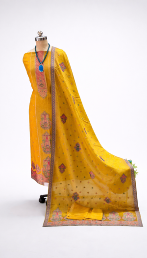 mustard tussar silk suit set with self weaving dupatta & shantoon bottom
