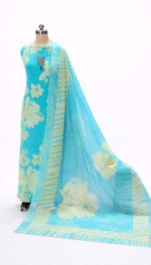 aqua blue burberry cotton suit set with floral print dupatta | soft summer kurta set