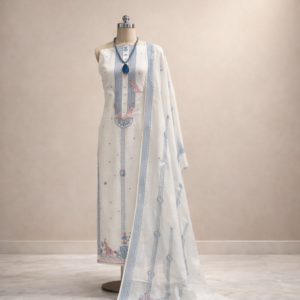 ivory cotton suit set with thread work & self woven dupatta | house of kaur ivory cotton suit set with thread work & self woven dupatta | house of kaur
