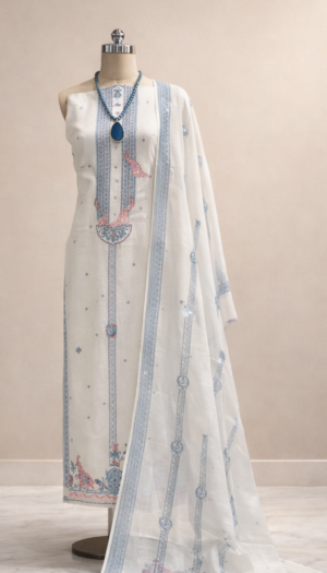 ivory cotton suit set with thread work & self woven dupatta | house of kaur