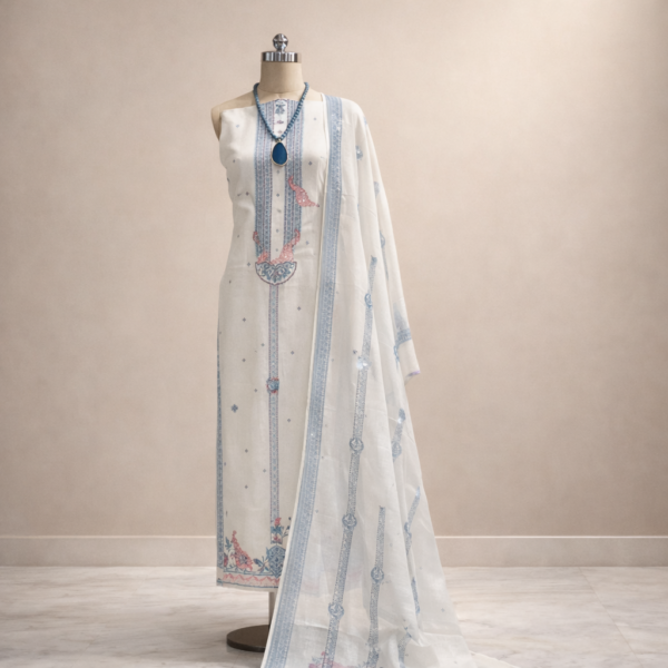 ivory cotton suit set with thread work & self woven dupatta | house of kaur