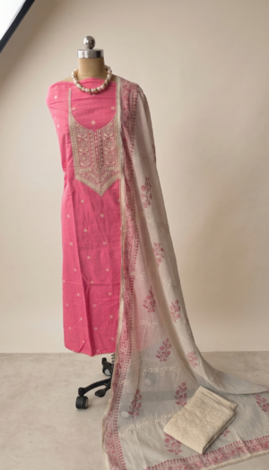 pure cotton chikankari suit set with embroidered neck & chikankari dupatta