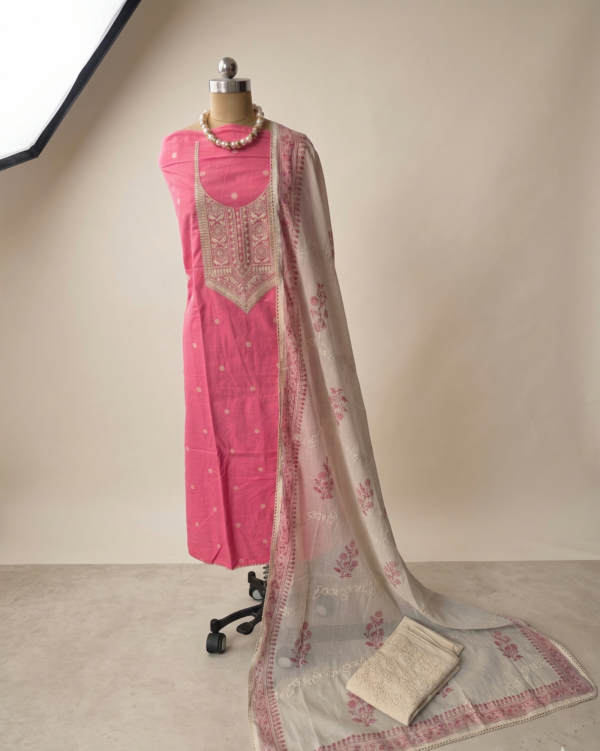 pure cotton chikankari suit set with embroidered neck & chikankari dupatta