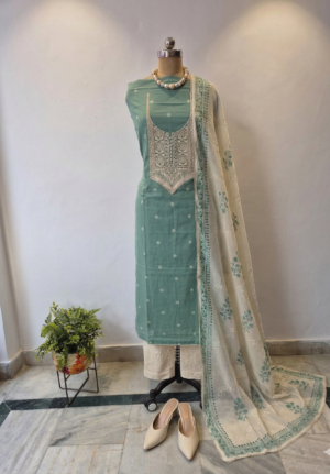 pure cotton chikankari suit set with embroidered neck & chikankari dupatta