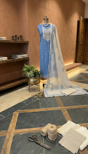 pure cotton chikankari suit set with embroidered neck & chikankari dupatta