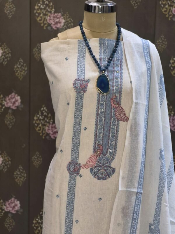 ivory cotton suit set with thread work & self woven dupatta | house of kaur