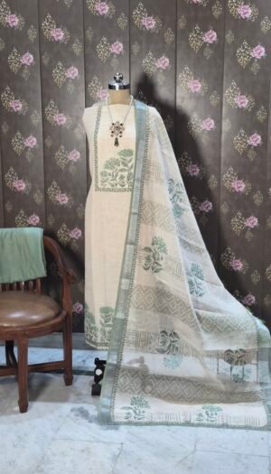 sage green linen suit set with digital print dupatta & pearl work | premium designer kurta set