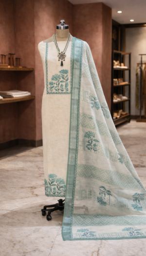 pastel green linen suit set with digital print dupatta & pearl work | elegant designer kurta set